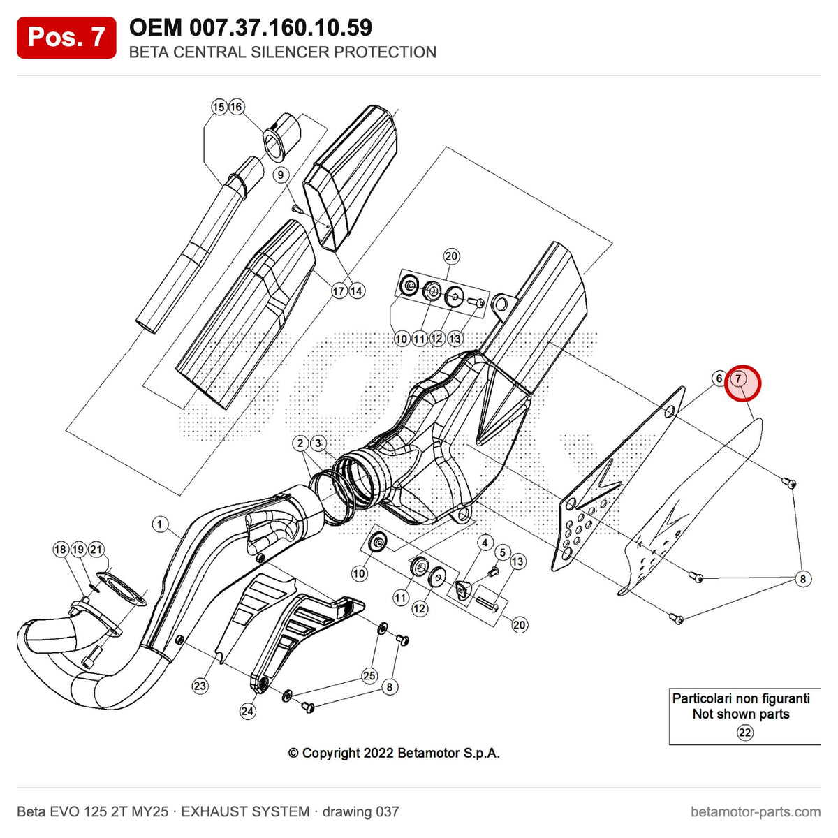BETA CENTRAL SILENCER PROTECTION – OEM 007.37.160.10.59, position 7 on the Beta EVO 125 2T MY25 exhaust system drawing
