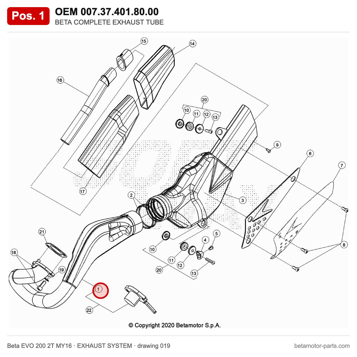 BETA COMPLETE EXHAUST TUBE – OEM 007.37.401.80.00, position 1 on the Beta EVO 200 2T MY16 exhaust system drawing