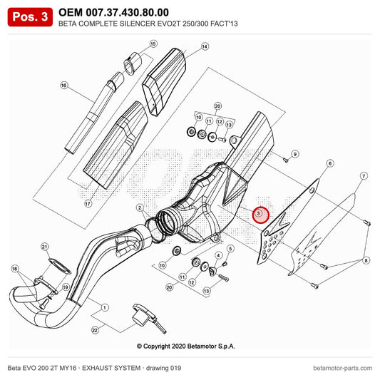 BETA COMPLETE SILENCER EVO2T 250/300 FACT'13 – OEM 007.37.430.80.00, position 3 on the Beta EVO 200 2T MY16 exhaust system drawing