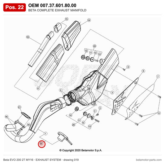 BETA COMPLETE EXHAUST MANIFOLD – OEM 007.37.601.80.00, position 22 on the Beta EVO 200 2T MY16 exhaust system drawing