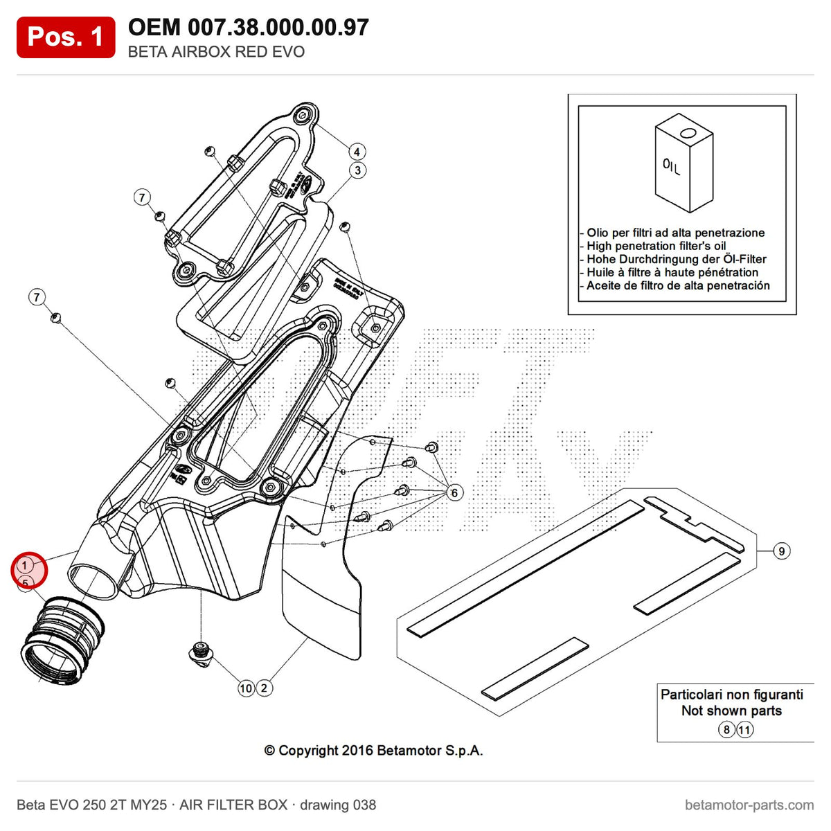 BETA AIRBOX RED EVO 2T – OEM 007.38.000.00.97, position 1 on the Beta EVO 250 2T MY25 air filter box drawing