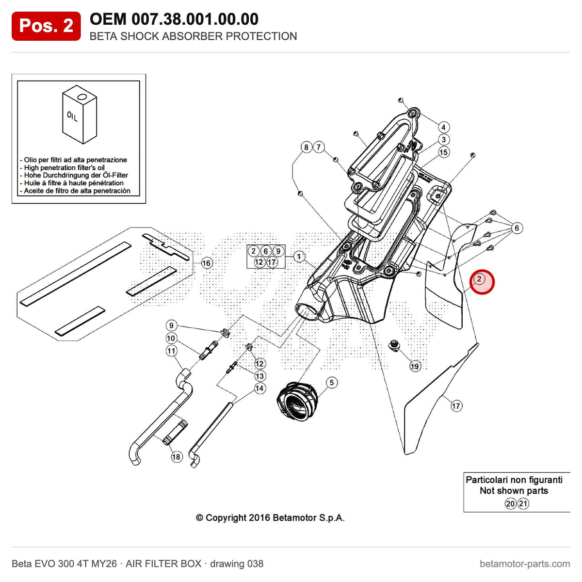 BETA SHOCK ABSORBER PROTECTION – OEM 007.38.001.00.00, position 2 on the Beta EVO 300 4T MY26 air filter box drawing