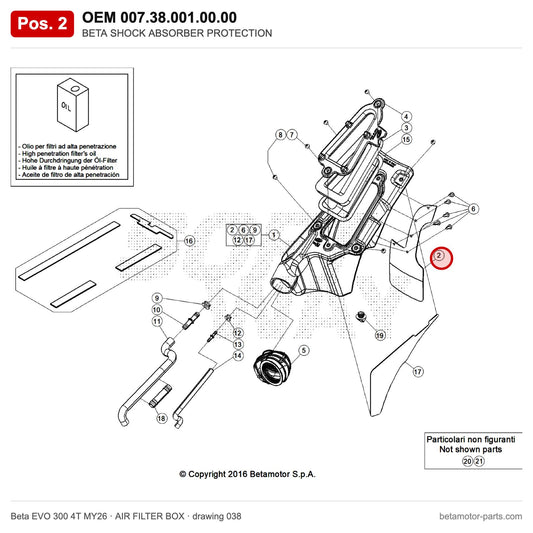 BETA SHOCK ABSORBER PROTECTION – OEM 007.38.001.00.00, position 2 on the Beta EVO 300 4T MY26 air filter box drawing