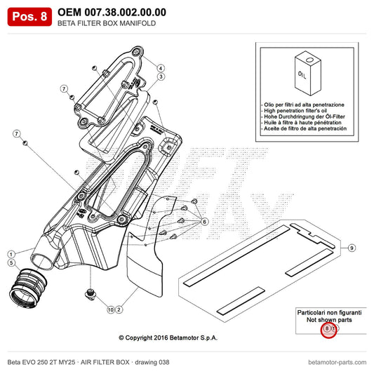 BETA FILTER BOX MANIFOLD – OEM 007.38.002.00.00, position 8 on the Beta EVO 250 2T MY25 air filter box drawing