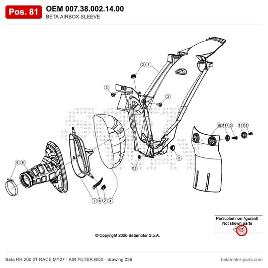 BETA AIRBOX SLEEVE – OEM 007.38.002.14.00, position 81 on the Beta RR 200 2T RACE MY27 air filter box drawing
