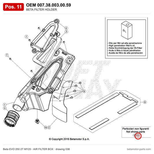 BETA FILTER HOLDER – OEM 007.38.003.00.59, position 11 on the Beta EVO 250 2T MY25 air filter box drawing