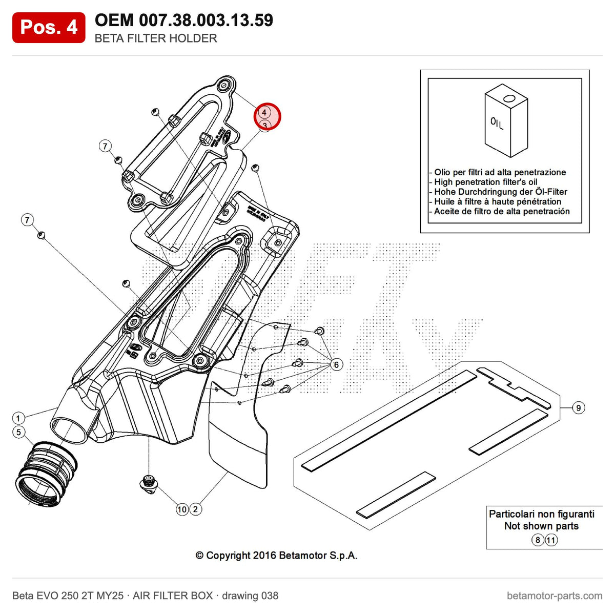 BETA FILTER HOLDER – OEM 007.38.003.13.59, position 4 on the Beta EVO 250 2T MY25 air filter box drawing