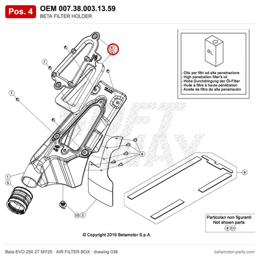 BETA FILTER HOLDER – OEM 007.38.003.13.59, position 4 on the Beta EVO 250 2T MY25 air filter box drawing