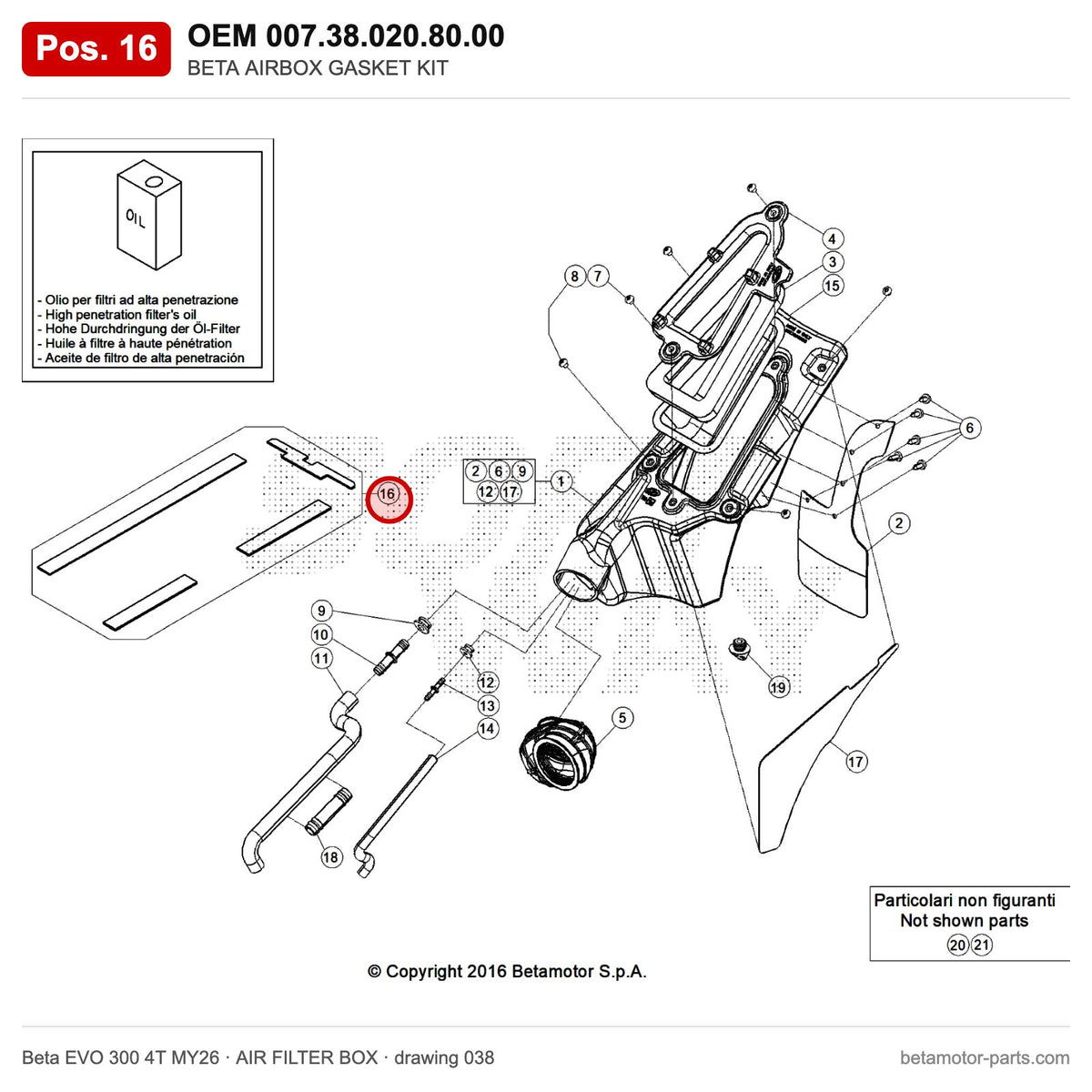 BETA AIRBOX GASKET KIT – OEM 007.38.020.80.00, position 16 on the Beta EVO 300 4T MY26 air filter box drawing
