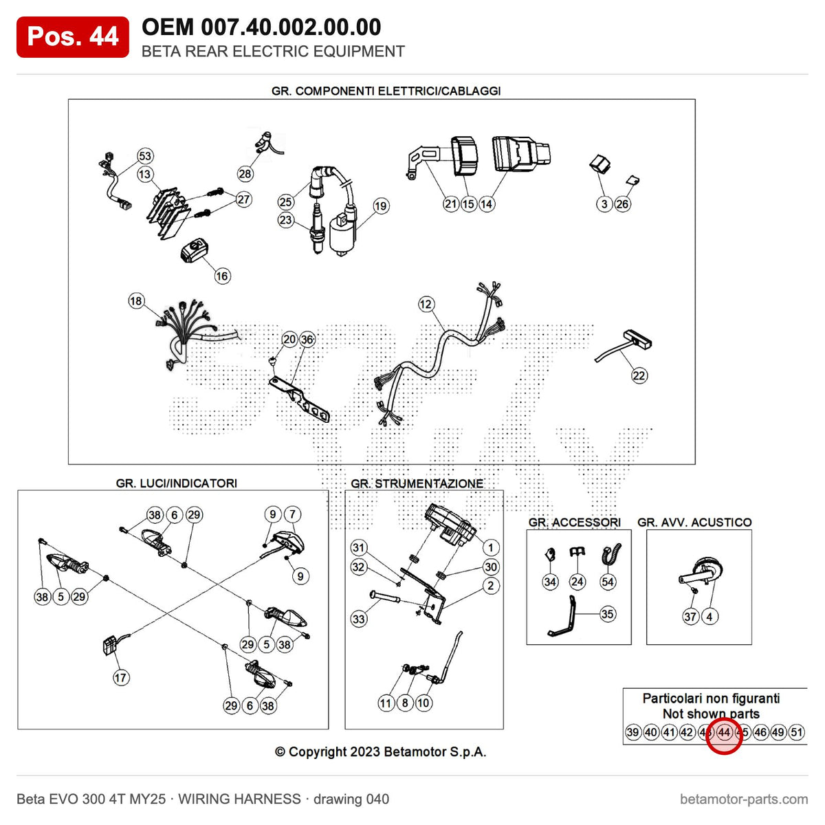 BETA REAR ELECTRIC EQUIPMENT – OEM 007.40.002.00.00, position 44 on the Beta EVO 300 4T MY25 wiring harness drawing