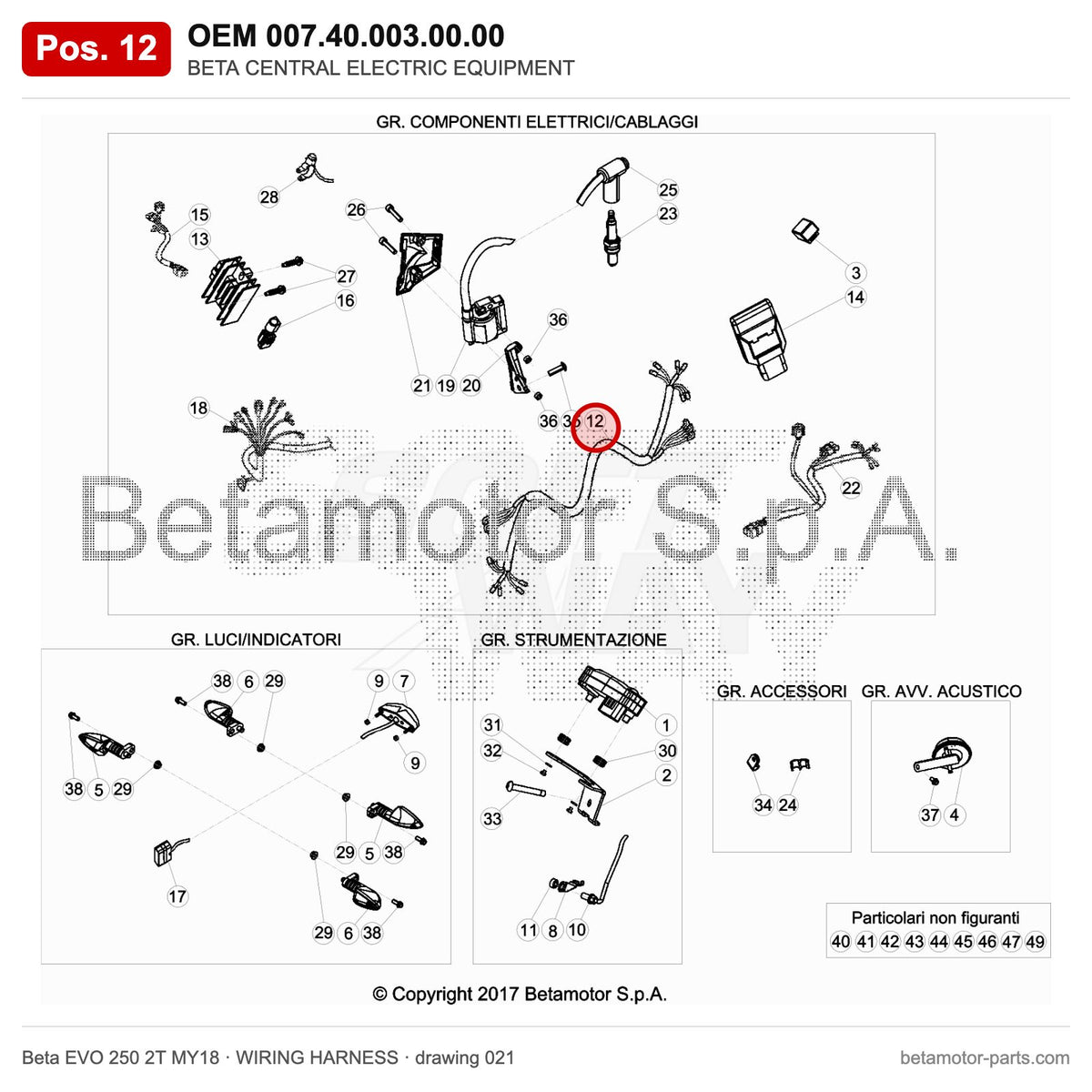 BETA CENTRAL ELECTRIC EQUIPMENT – OEM 007.40.003.00.00, position 12 on the Beta EVO 250 2T MY18 wiring harness drawing