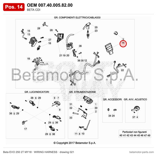 BETA CDI – OEM 007.40.005.82.00, position 14 on the Beta EVO 250 2T MY18 wiring harness drawing