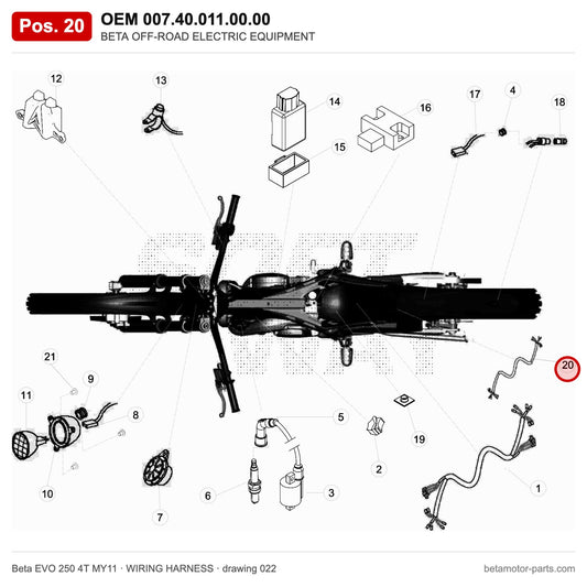 BETA OFF-ROAD ELECTRIC EQUIPMENT – OEM 007.40.011.00.00, position 20 on the Beta EVO 250 4T MY11 wiring harness drawing