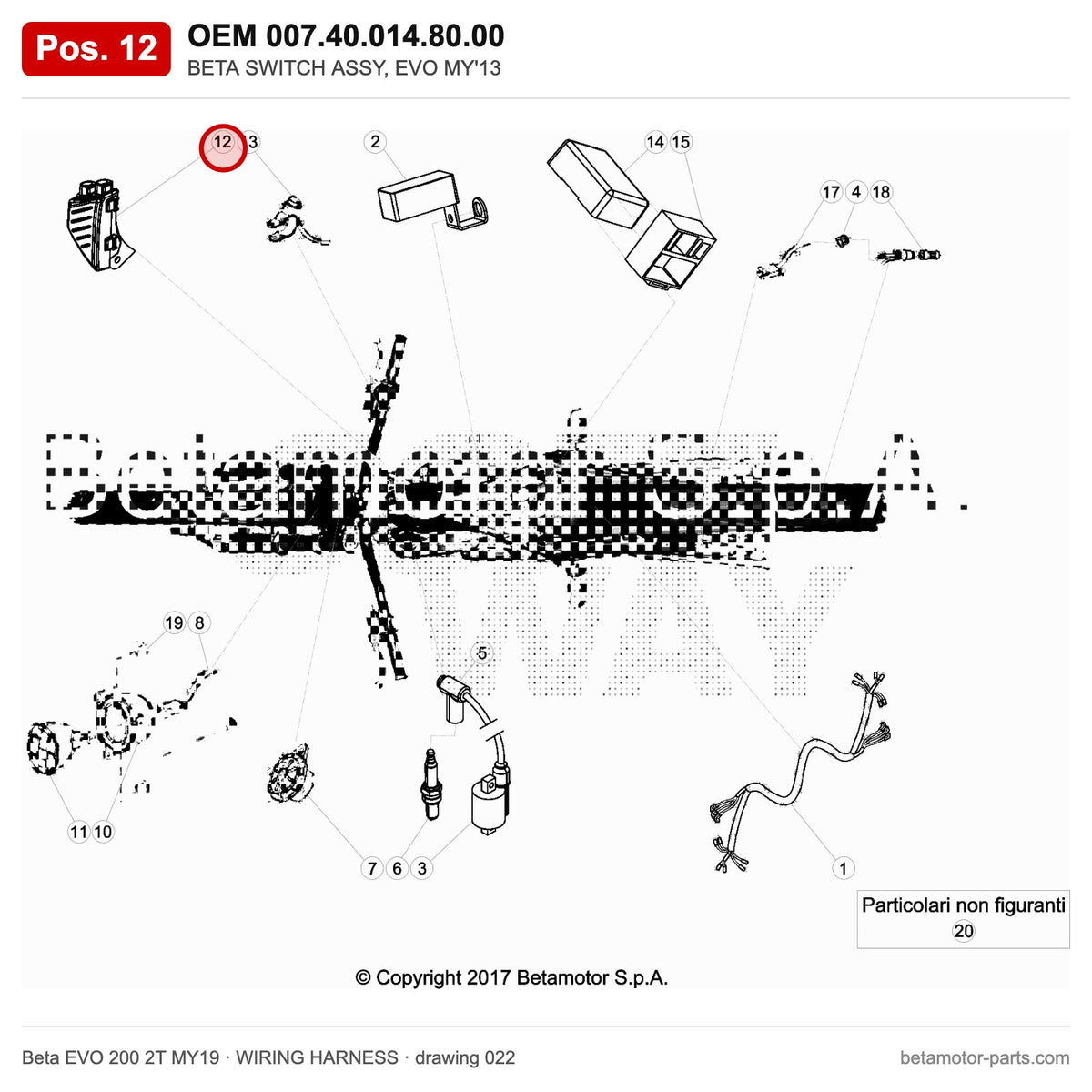 BETA SWITCH ASSY, EVO MY'13 – OEM 007.40.014.80.00, position 12 on the Beta EVO 200 2T MY19 wiring harness drawing