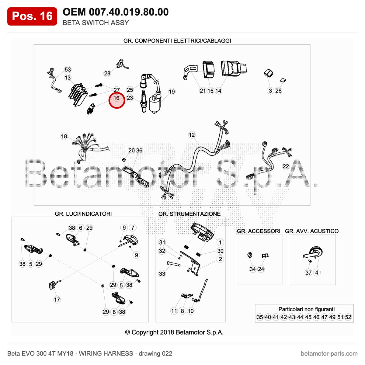 BETA SWITCH ASSY – OEM 007.40.019.80.00, position 16 on the Beta EVO 300 4T MY18 wiring harness drawing