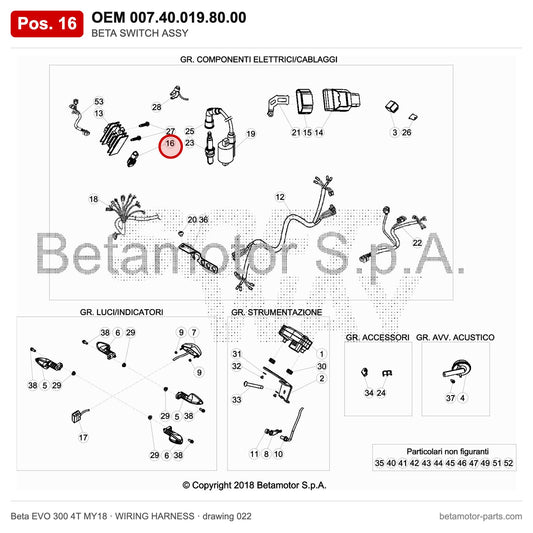 BETA SWITCH ASSY – OEM 007.40.019.80.00, position 16 on the Beta EVO 300 4T MY18 wiring harness drawing