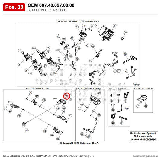 BETA COMPL. REAR LIGHT – OEM 007.40.027.00.00, position 38 on the Beta SINCRO 300 2T FACTORY MY26 wiring harness drawing