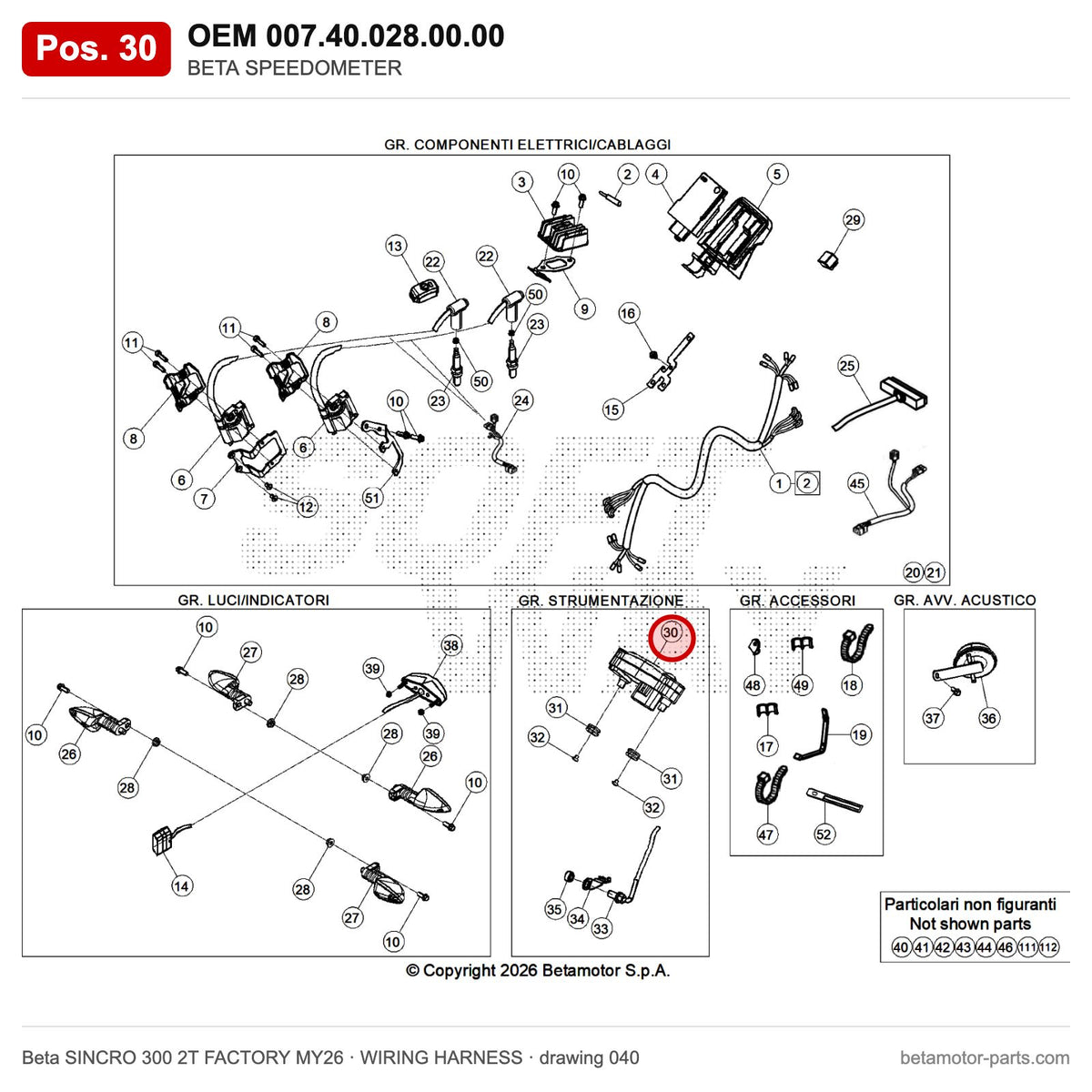 BETA SPEEDOMETER – OEM 007.40.028.00.00, position 30 on the Beta SINCRO 300 2T FACTORY MY26 wiring harness drawing