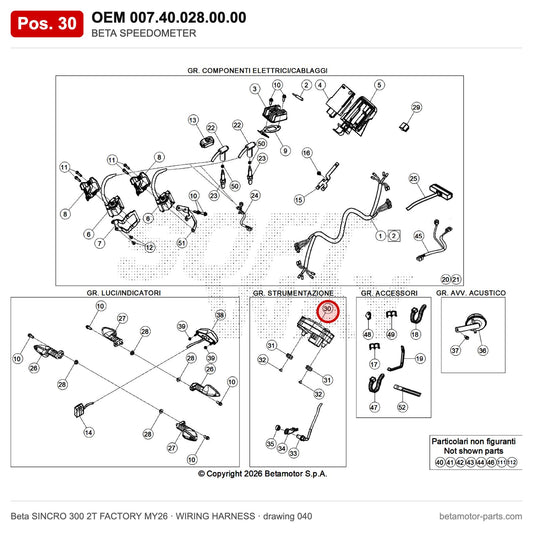 BETA SPEEDOMETER – OEM 007.40.028.00.00, position 30 on the Beta SINCRO 300 2T FACTORY MY26 wiring harness drawing