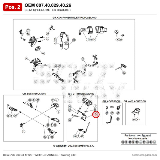 BETA SPEEDOMETER BRACKET – OEM 007.40.029.40.26, position 2 on the Beta EVO 300 4T MY25 wiring harness drawing