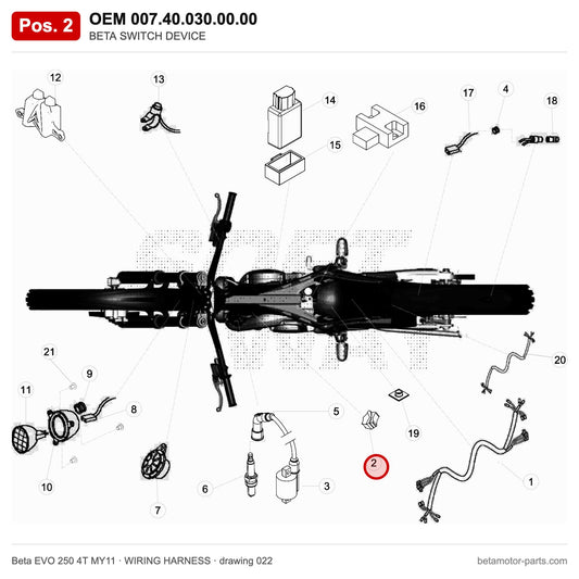 BETA SWITCH DEVICE – OEM 007.40.030.00.00, position 2 on the Beta EVO 250 4T MY11 wiring harness drawing