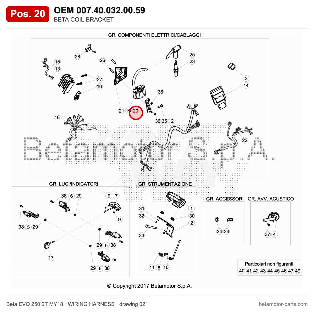 BETA COIL BRACKET – OEM 007.40.032.00.59, position 20 on the Beta EVO 250 2T MY18 wiring harness drawing