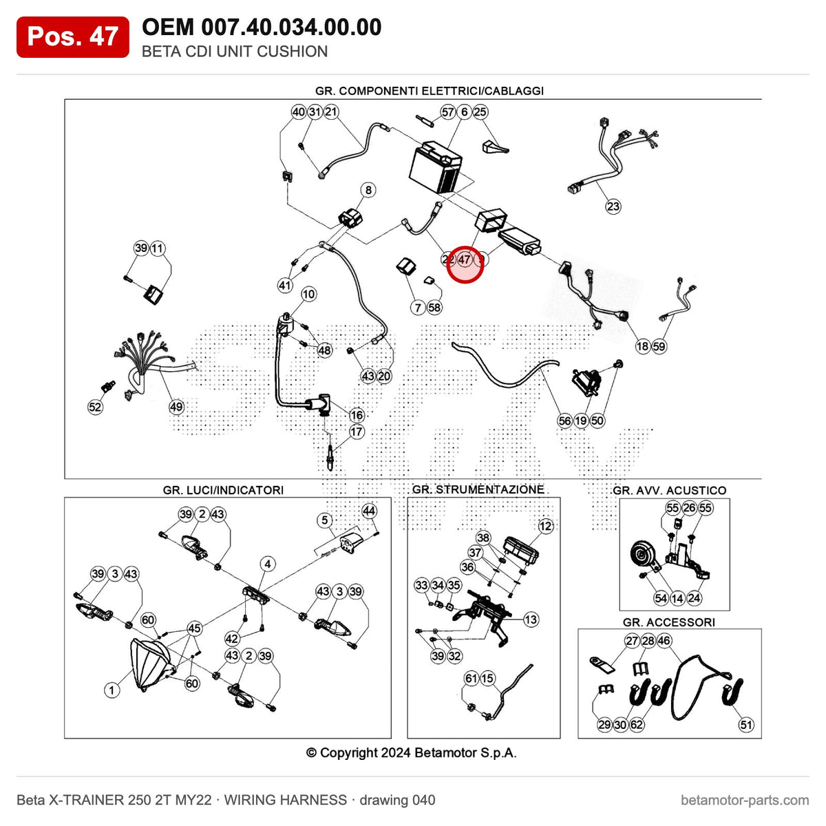 BETA CDI UNIT CUSHION – OEM 007.40.034.00.00, position 47 on the Beta X-TRAINER 250 2T MY22 wiring harness drawing