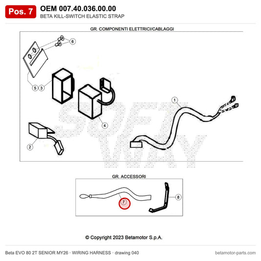 BETA KILL SWITCH STRAP ONLY – OEM 007.40.036.00.00, position 7 on the Beta EVO 80 2T SENIOR MY26 wiring harness drawing