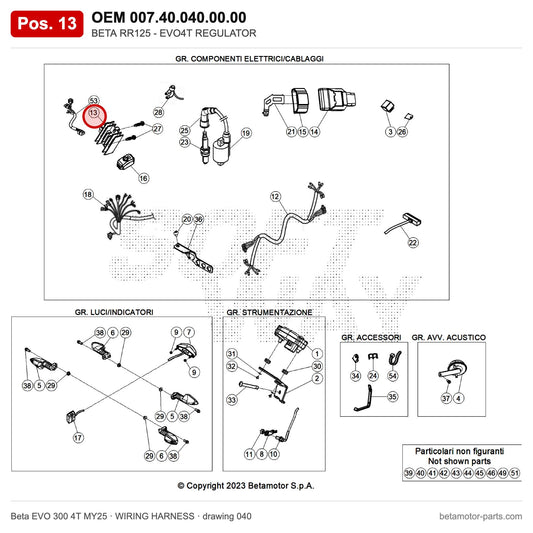 BETA RR125 - EVO4T REGULATOR – OEM 007.40.040.00.00, position 13 on the Beta EVO 300 4T MY25 wiring harness drawing