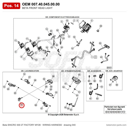 BETA FRONT HEAD LIGHT – OEM 007.40.045.00.00, position 14 on the Beta SINCRO 300 2T FACTORY MY26 wiring harness drawing