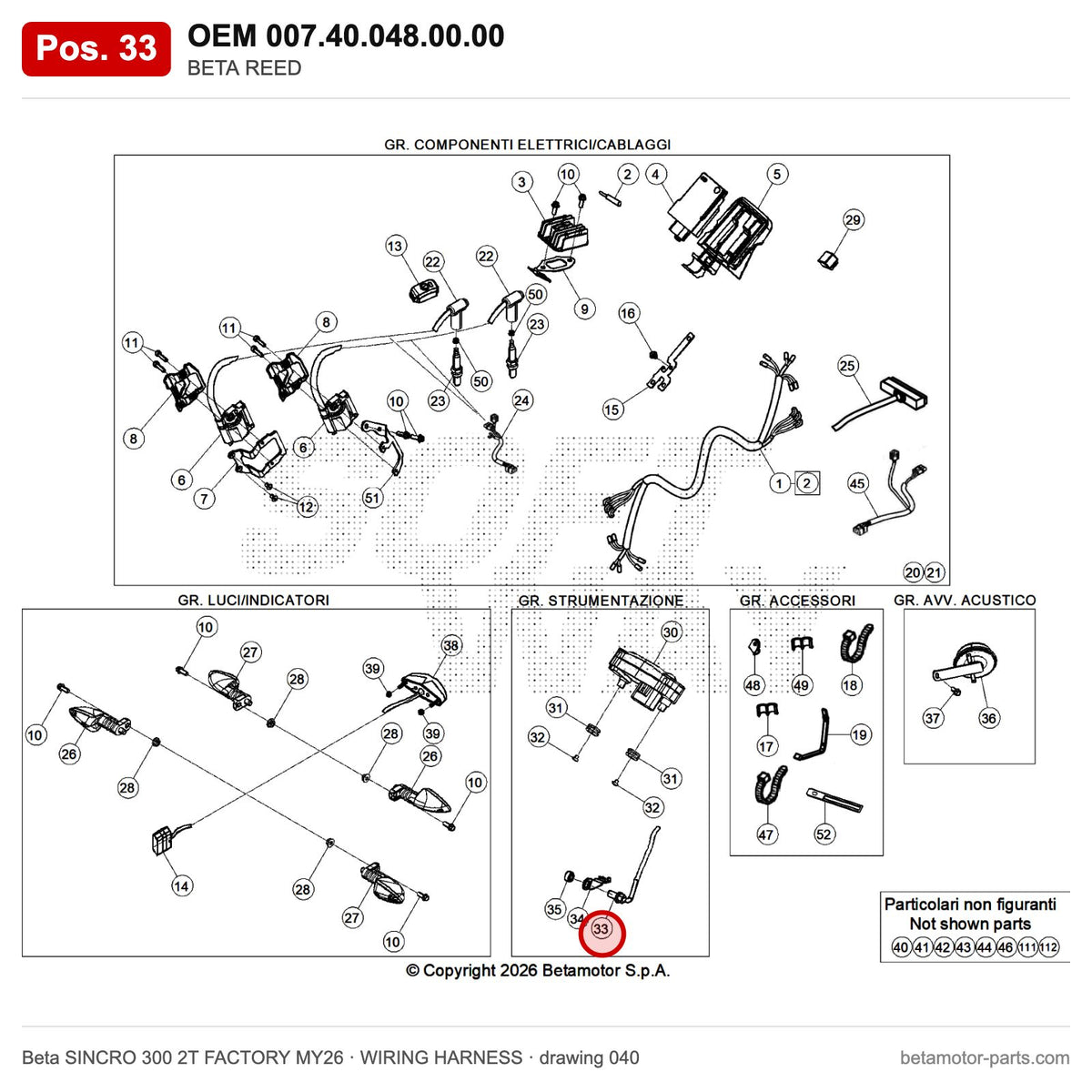 BETA REED – OEM 007.40.048.00.00, position 33 on the Beta SINCRO 300 2T FACTORY MY26 wiring harness drawing