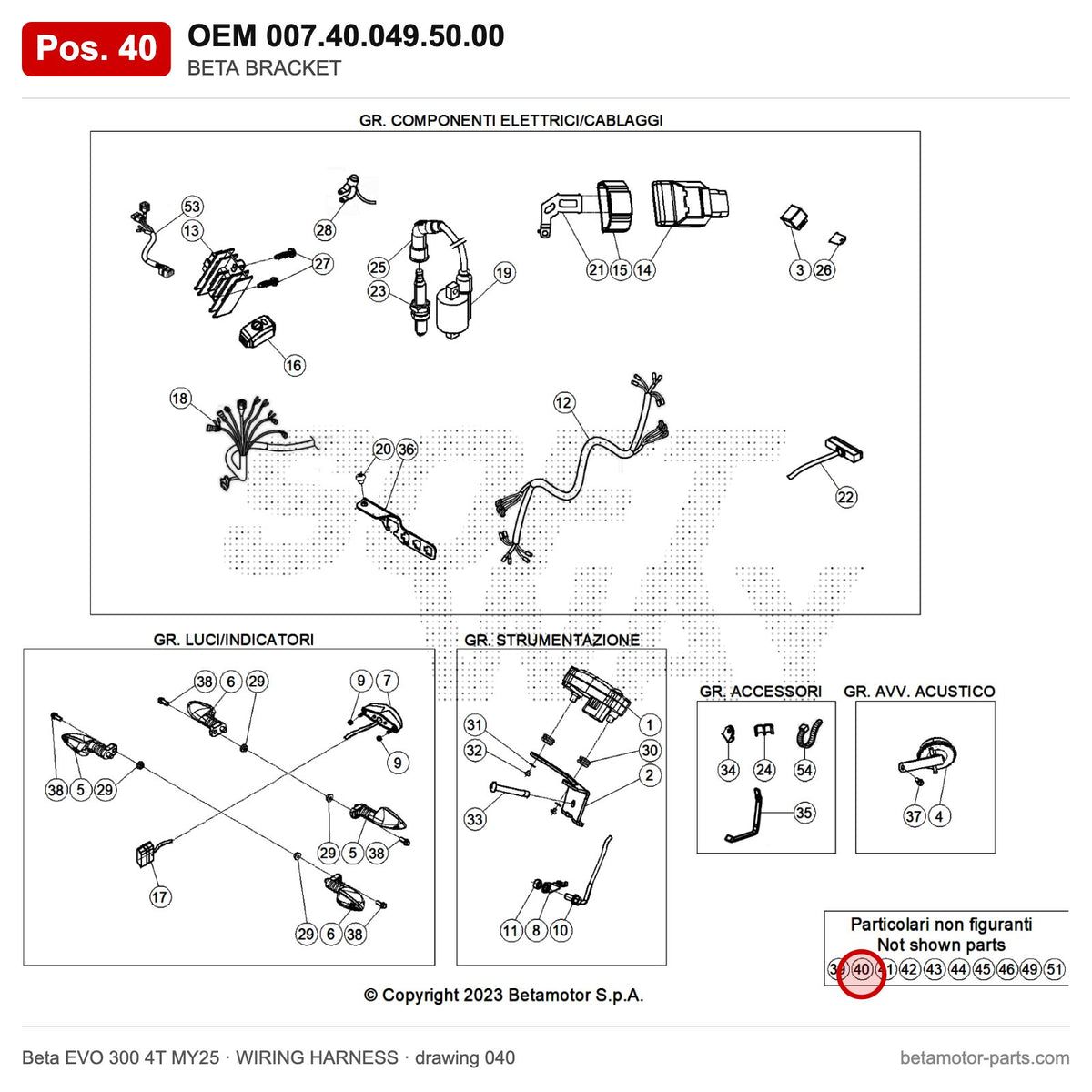 BETA BRACKET – OEM 007.40.049.50.00, position 40 on the Beta EVO 300 4T MY25 wiring harness drawing