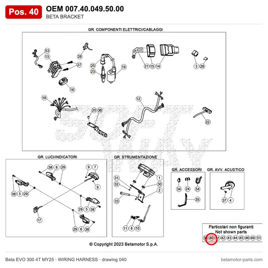 BETA BRACKET – OEM 007.40.049.50.00, position 40 on the Beta EVO 300 4T MY25 wiring harness drawing