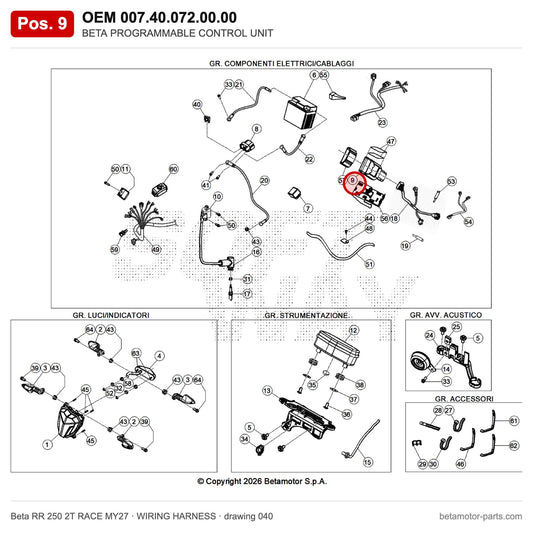 BETA PROGRAMMABLE CONTROL UNIT – OEM 007.40.072.00.00, position 9 on the Beta RR 250 2T RACE MY27 wiring harness drawing