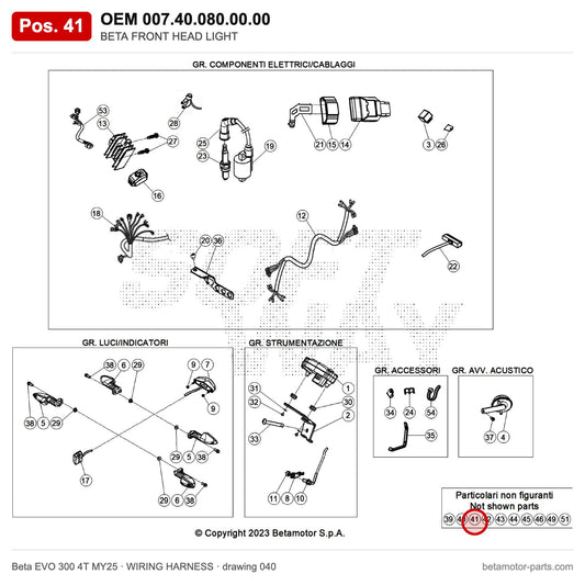 BETA FRONT HEAD LIGHT – OEM 007.40.080.00.00, position 41 on the Beta EVO 300 4T MY25 wiring harness drawing
