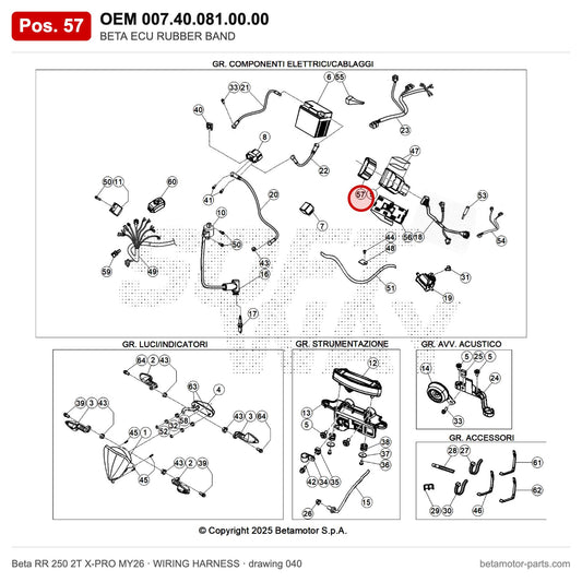 BETA ECU RUBBER BAND – OEM 007.40.081.00.00, position 57 on the Beta RR 250 2T X-PRO MY26 wiring harness drawing