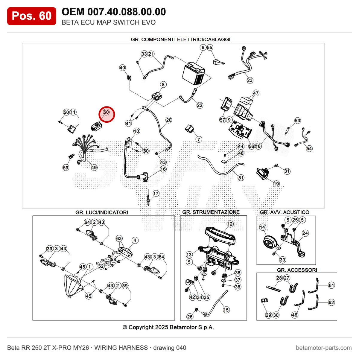 BETA ECU MAP SWITCH EVO – OEM 007.40.088.00.00, position 60 on the Beta RR 250 2T X-PRO MY26 wiring harness drawing