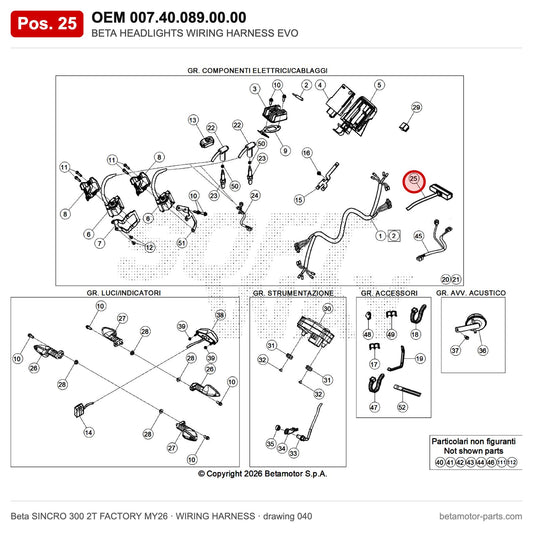 BETA HEADLIGHTS WIRING HARNESS EVO – OEM 007.40.089.00.00, position 25 on the Beta SINCRO 300 2T FACTORY MY26 wiring harness drawing