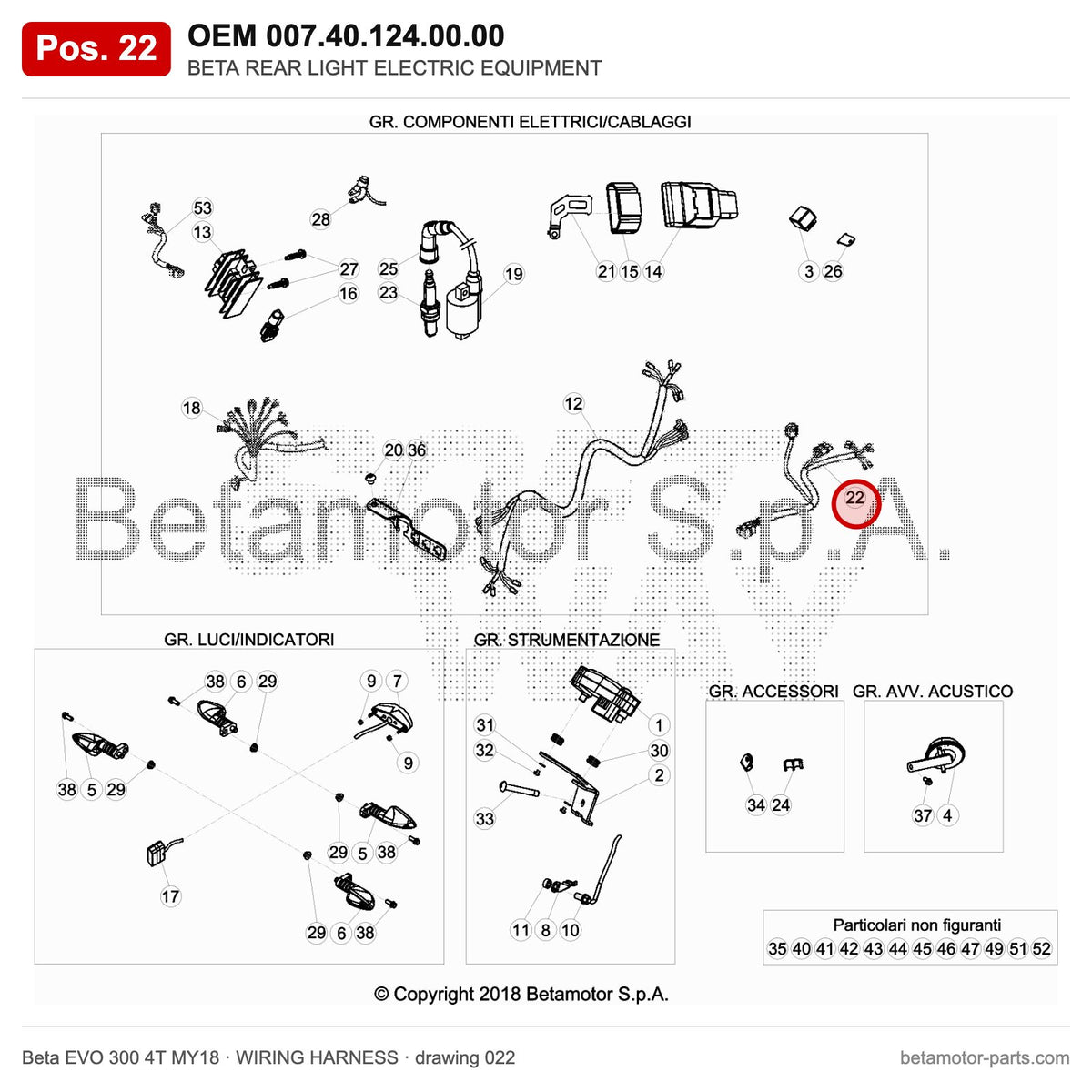 BETA REAR LIGHT ELECTRIC EQUIPMENT – OEM 007.40.124.00.00, position 22 on the Beta EVO 300 4T MY18 wiring harness drawing