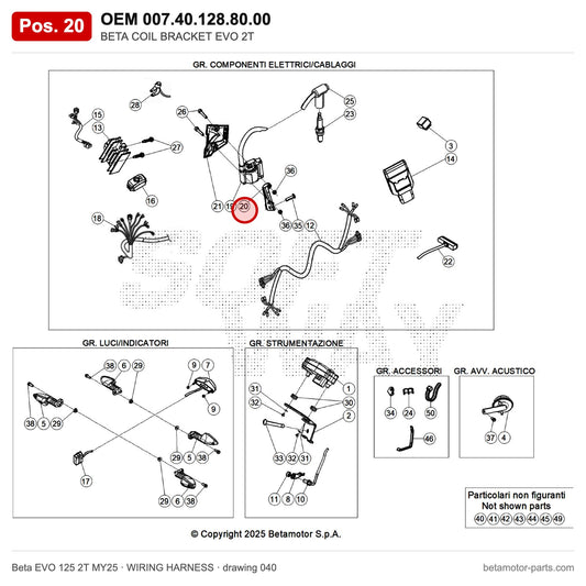 BETA COIL BRACKET EVO 2T – OEM 007.40.128.80.00, position 20 on the Beta EVO 125 2T MY25 wiring harness drawing