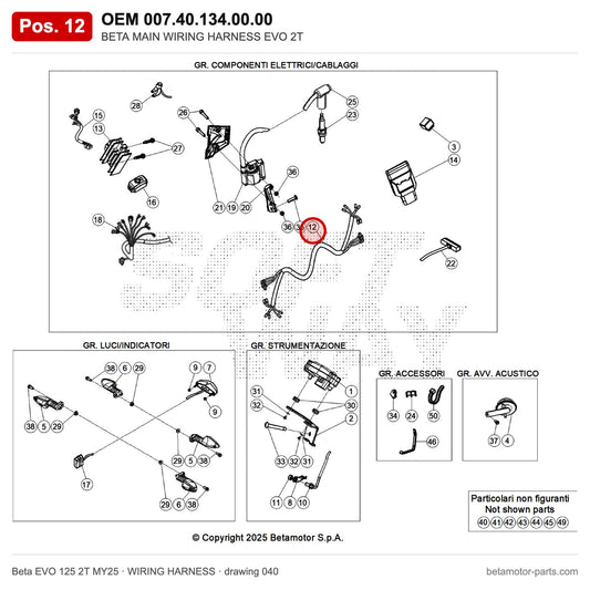 BETA MAIN WIRING HARNESS EVO 2T – OEM 007.40.134.00.00, position 12 on the Beta EVO 125 2T MY25 wiring harness drawing