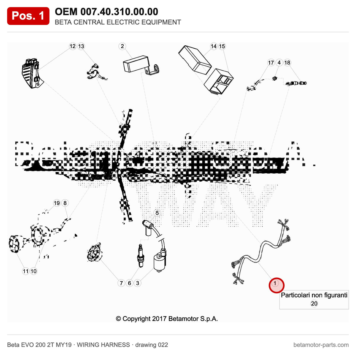 BETA CENTRAL ELECTRIC EQUIPMENT – OEM 007.40.310.00.00, position 1 on the Beta EVO 200 2T MY19 wiring harness drawing