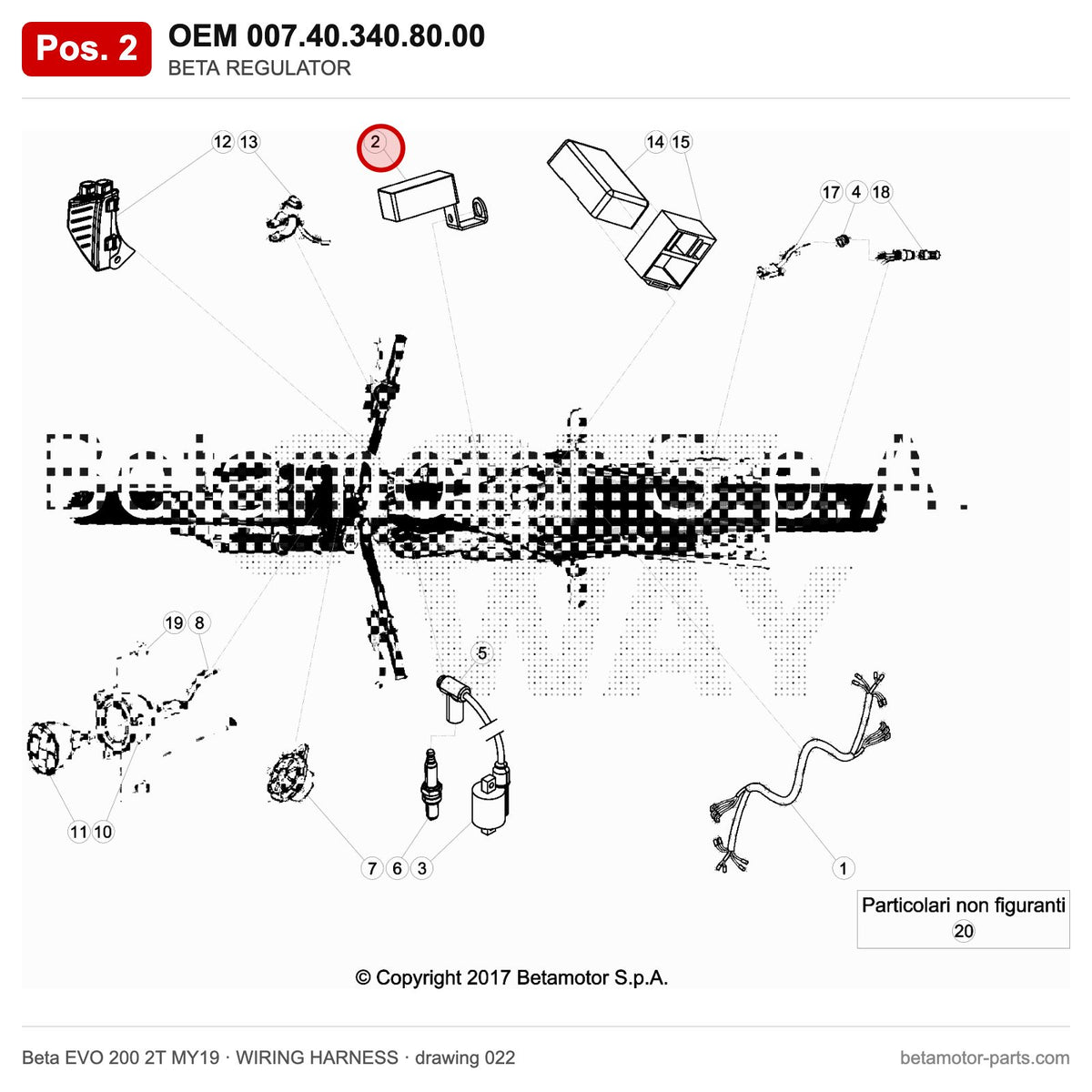 BETA REGULATOR – OEM 007.40.340.80.00, position 2 on the Beta EVO 200 2T MY19 wiring harness drawing