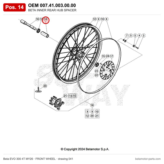 BETA INNER REAR HUB SPACER – OEM 007.41.003.00.00, position 14 on the Beta EVO 300 4T MY26 front wheel drawing