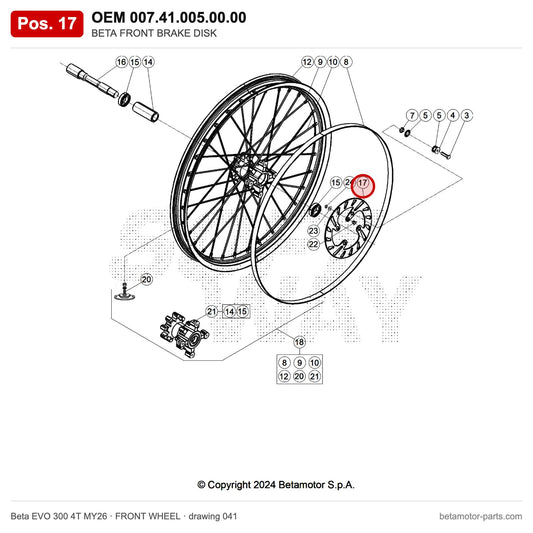 BETA FRONT BRAKE DISK – OEM 007.41.005.00.00, position 17 on the Beta EVO 300 4T MY26 front wheel drawing