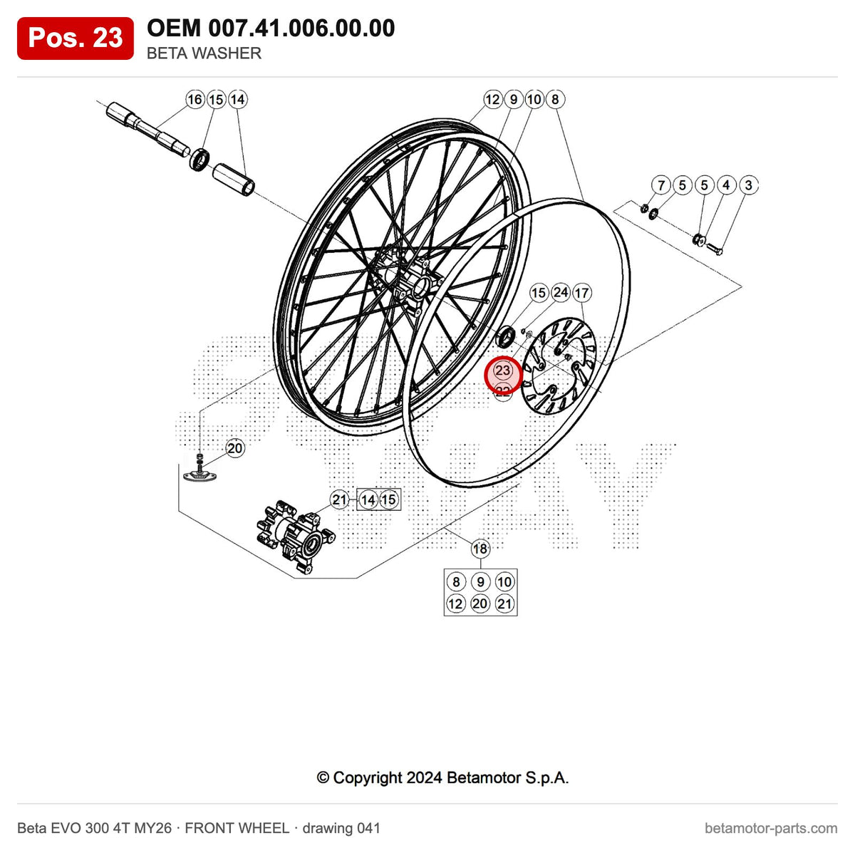 BETA WASHER – OEM 007.41.006.00.00, position 23 on the Beta EVO 300 4T MY26 front wheel drawing