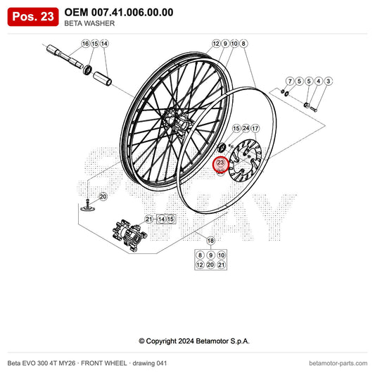 BETA WASHER – OEM 007.41.006.00.00, position 23 on the Beta EVO 300 4T MY26 front wheel drawing