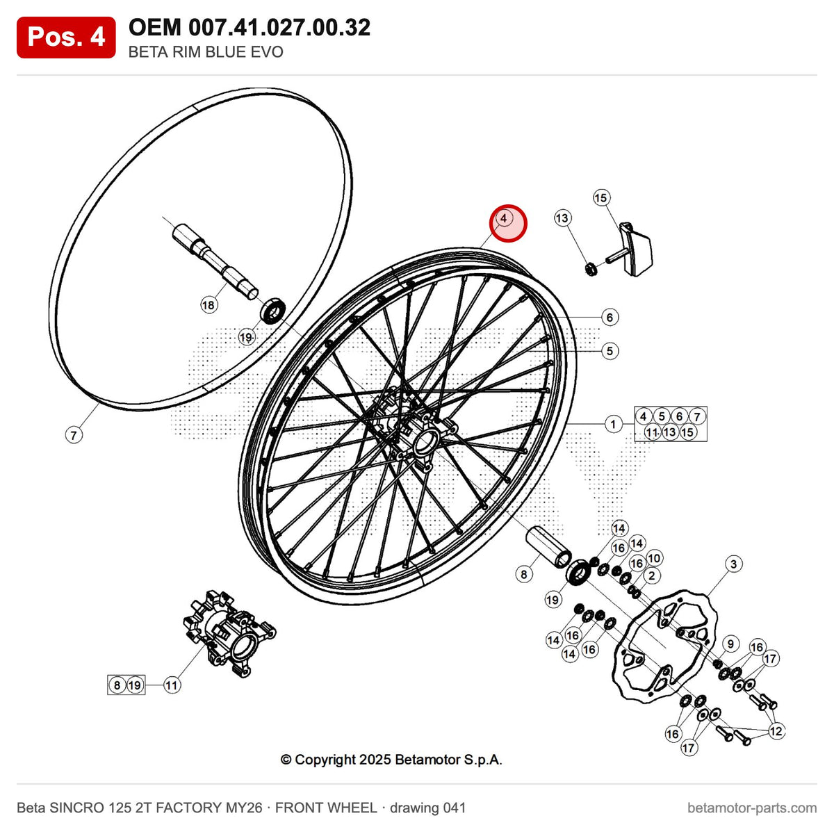 BETA RIM BLUE EVO – OEM 007.41.027.00.32, position 4 on the Beta SINCRO 125 2T FACTORY MY26 front wheel drawing