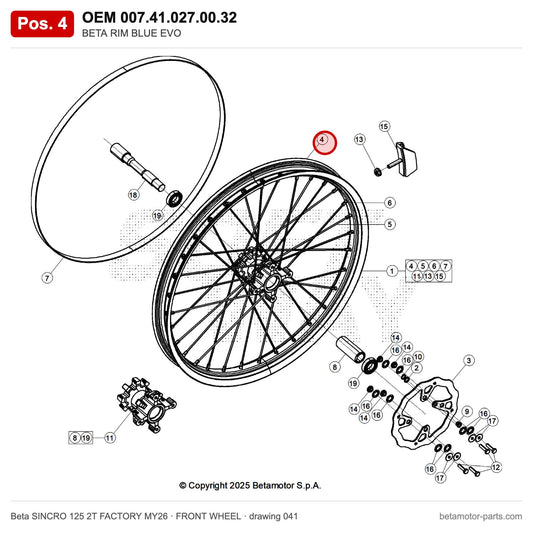BETA RIM BLUE EVO – OEM 007.41.027.00.32, position 4 on the Beta SINCRO 125 2T FACTORY MY26 front wheel drawing