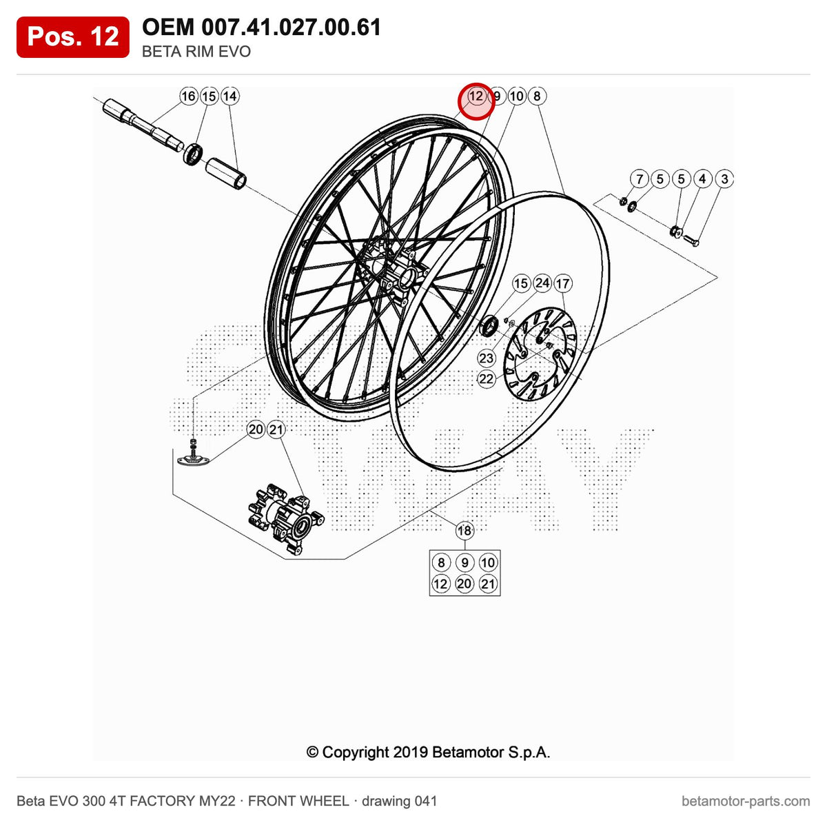 BETA RIM EVO – OEM 007.41.027.00.61, position 12 on the Beta EVO 300 4T FACTORY MY22 front wheel drawing